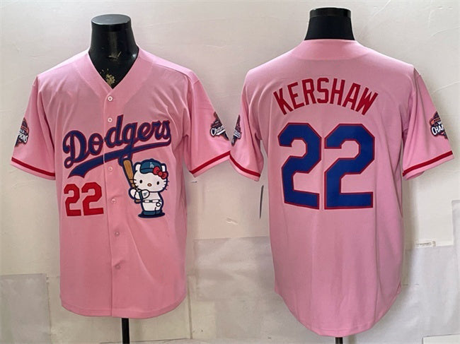 Los Angeles Dodgers #22 Clayton Kershaw Pink Hello Kitty Night 2025 World Series Champions Patch Stitched Jersey - Main View