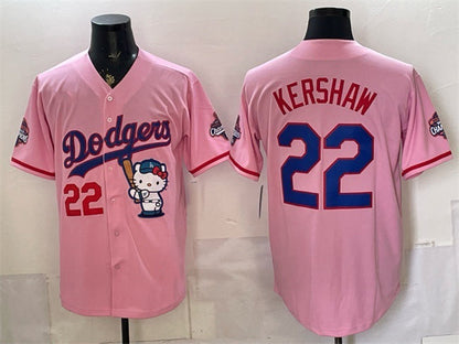 Los Angeles Dodgers #22 Clayton Kershaw Pink Hello Kitty Night 2025 World Series Champions Patch Stitched Jersey - Main View