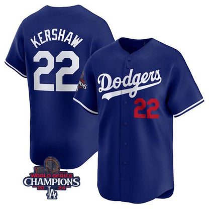 Los Angeles Dodgers #22 Clayton Kershaw Royal 2024 World Series Champions Alternate Limited Stitched Baseball Jersey - Main View
