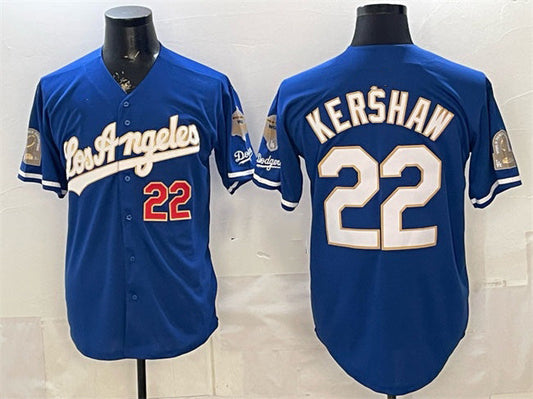 Los Angeles Dodgers #22 Clayton Kershaw Royal 2026 Gold Collection 9x & B2B Champs Patch Stitched Baseball Jersey - Main View
