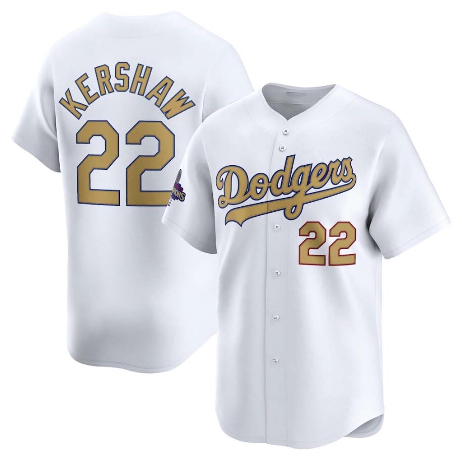 Los Angeles Dodgers #22 Clayton Kershaw White 2025 Gold Collection Limited Stitched Baseball Jersey - Main View