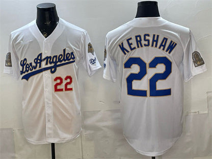 Los Angeles Dodgers #22 Clayton Kershaw White 2026 Gold Collection 9x & B2B Champs Patch Stitched Baseball Jersey - Main View