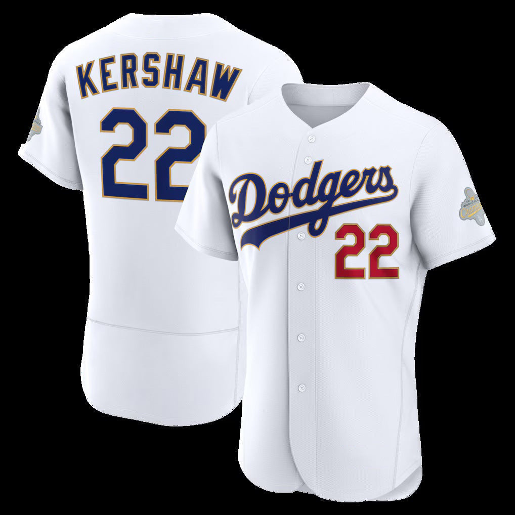 Los Angeles Dodgers #22 Clayton Kershaw White 2026 Gold Collection Authentic White 2026 Gold Collection Stadium Stitched Baseball Jersey - Main View