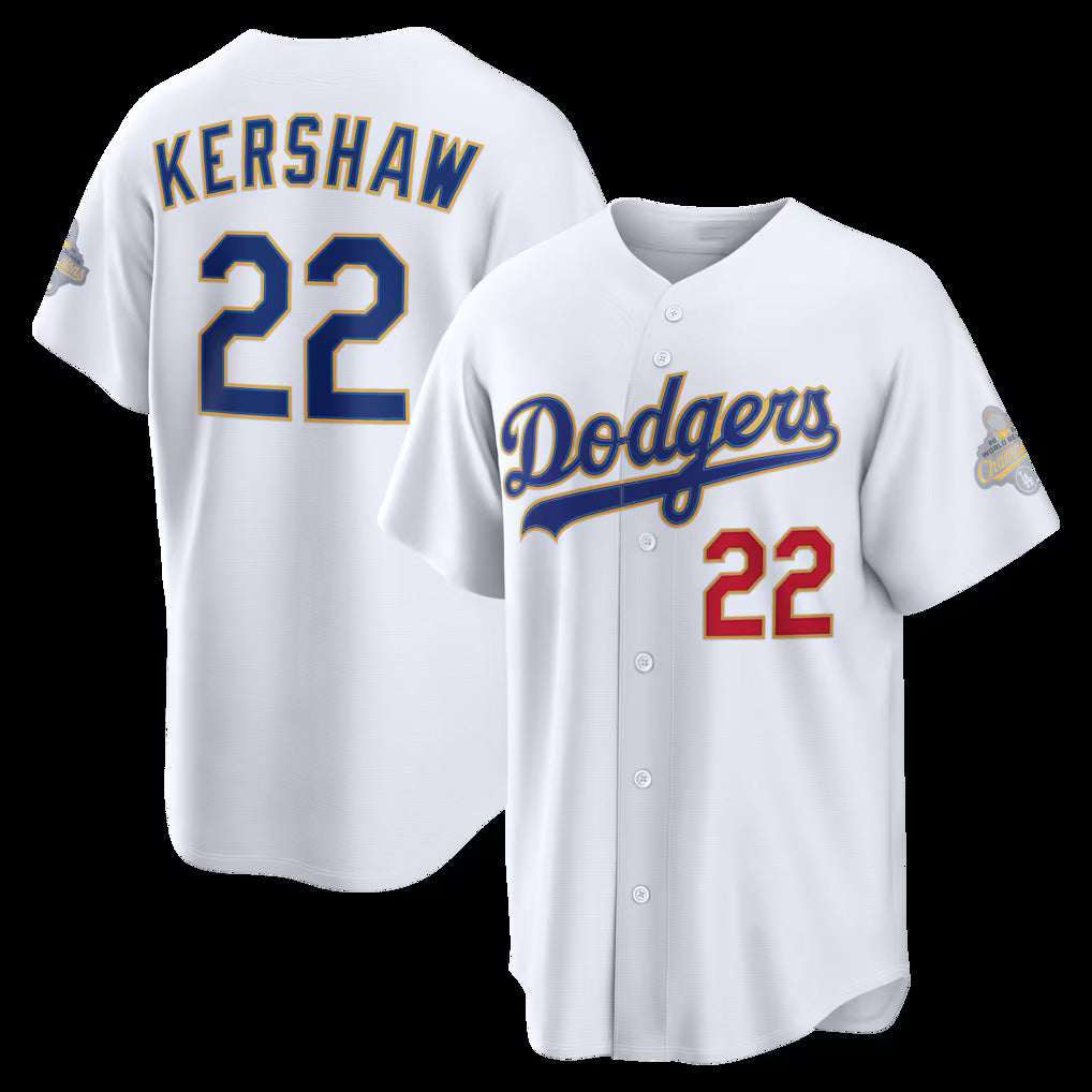 Los Angeles Dodgers #22 Clayton Kershaw White 2026 Gold Collection Stadium Stitched Baseball Jersey - Main View