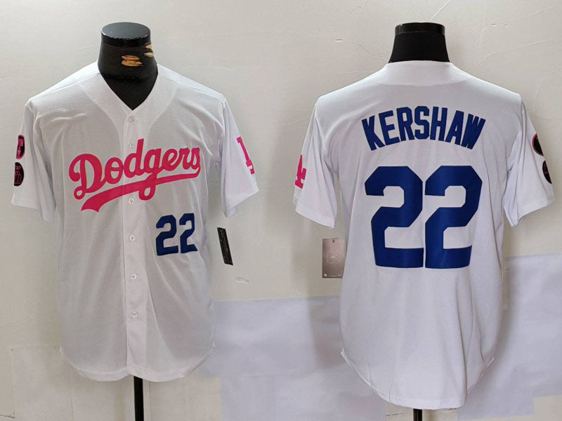 Los Angeles Dodgers #22 Clayton Kershaw White Pink Vin & Kobe Patch Stitched Baseball Jersey - Main View
