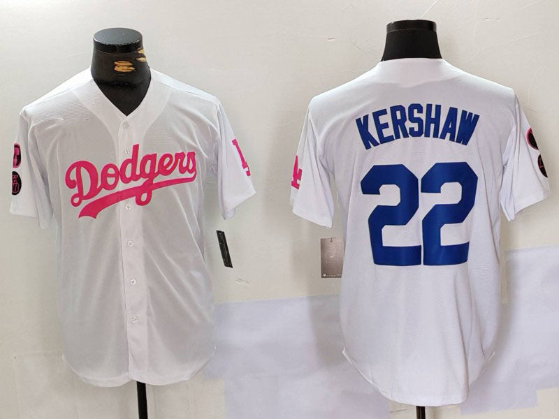Los Angeles Dodgers #22 Clayton Kershaw White Pink Vin & Kobe Patch Stitched Baseball Jersey - Main View