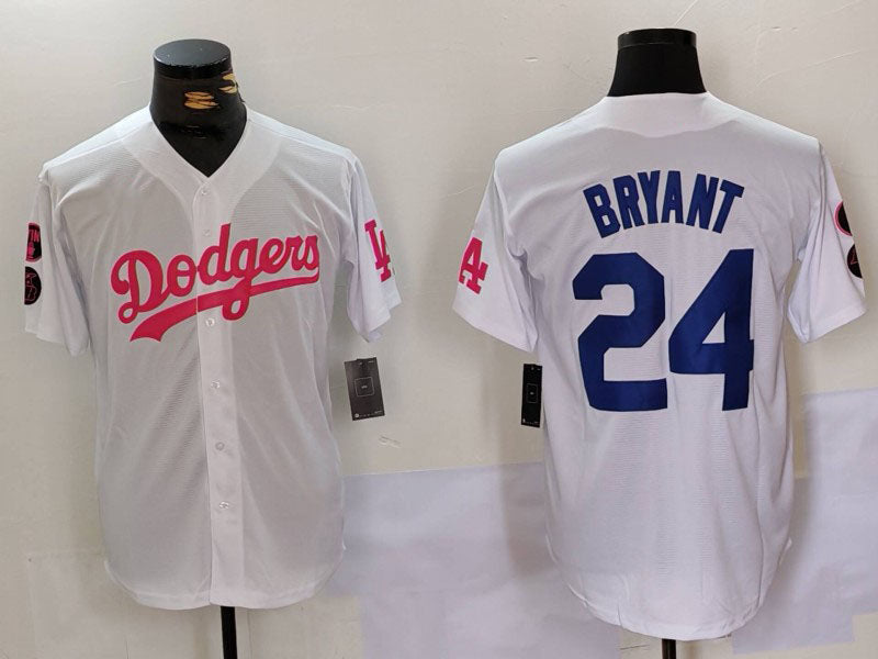 Los Angeles Dodgers #24 Kobe Bryant White Pink Vin & Kobe Patch Stitched Baseball Jersey - Main View