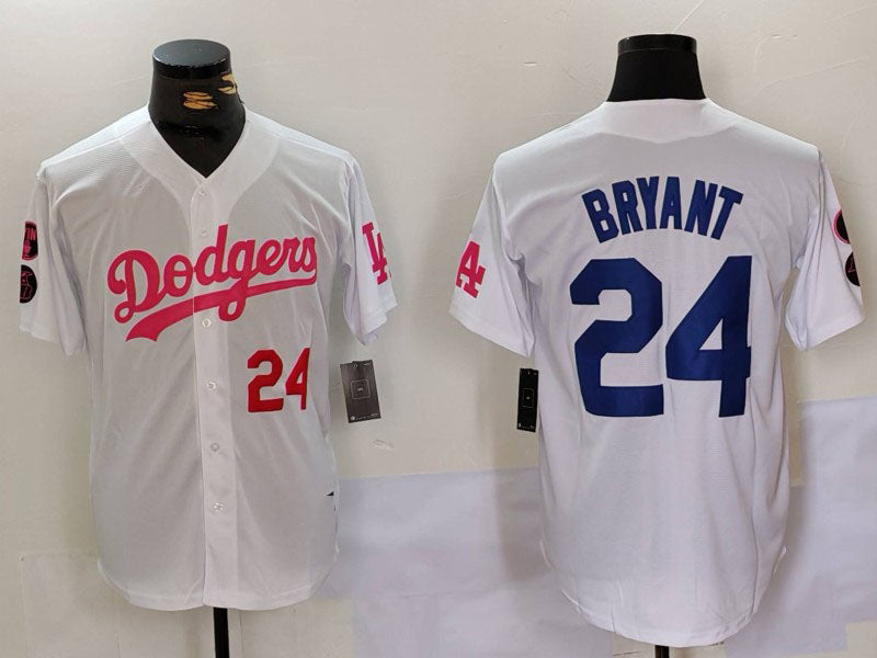 Los Angeles Dodgers #24 Kobe Bryant White Pink Vin & Kobe Patch Stitched Baseball Jersey - Main View