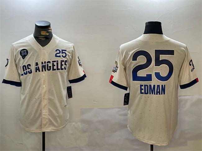 Los Angeles Dodgers #25 Tommy Edman Cream 2024 World Series With Fernando Memorial Patch City Connect Limited Stitched Baseball Jersey - Main View