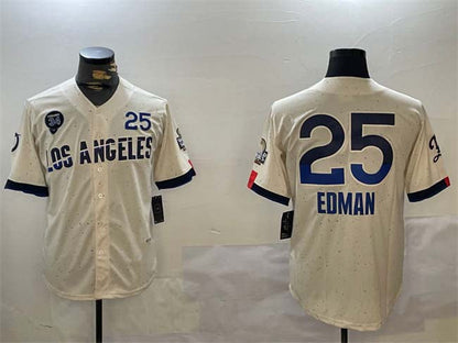 Los Angeles Dodgers #25 Tommy Edman Cream 2024 World Series With Fernando Memorial Patch City Connect Limited Stitched Baseball Jersey - Main View