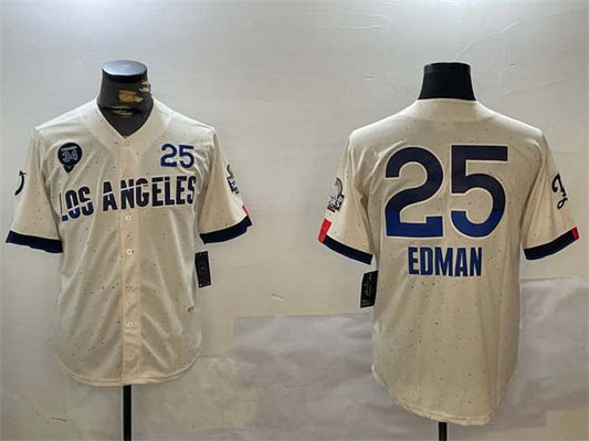 Los Angeles Dodgers #25 Tommy Edman Cream 2024 World Series With Fernando Memorial Patch City Connect Limited Stitched Baseball Jersey - Main View