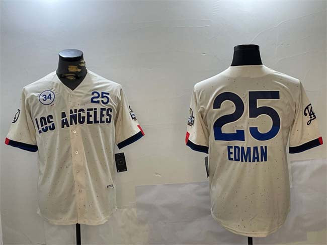 Los Angeles Dodgers #25 Tommy Edman Cream 2024 World Series With No. 34 Patch City Connect Limited Stitched Baseball Jersey - Main View