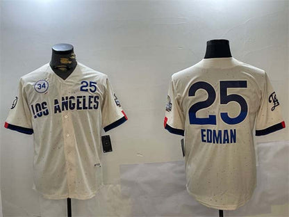 Los Angeles Dodgers #25 Tommy Edman Cream 2024 World Series With No. 34 Patch City Connect Limited Stitched Baseball Jersey - Main View