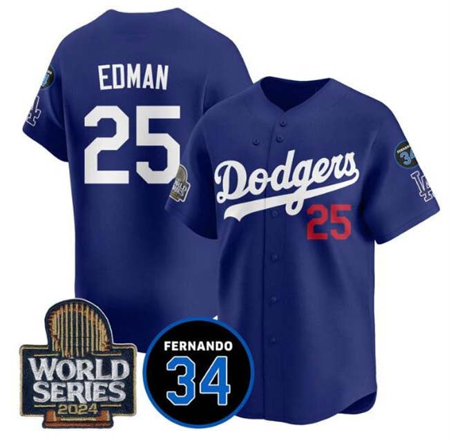 Los Angeles Dodgers #25 Tommy Edman Royal 2024 World Series With Fernando Memorial Patch Alternate Limited Stitched Baseball Jersey - Main View