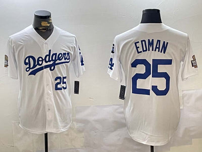 Los Angeles Dodgers #25 Tommy Edman White 2024 World Series With Fernando Memorial Patch Home Limited Stitched Baseball Jersey - Main View