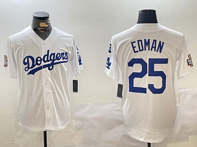 Los Angeles Dodgers #25 Tommy Edman White 2024 World Series With Fernando Memorial Patch Home Limited Stitched Baseball Jerseys - Main View