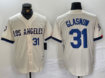 Los Angeles Dodgers #31 Tyler Glasnow Number Cream Blue 2024 City Connect Limited Stitched Baseball Jersey - Main View