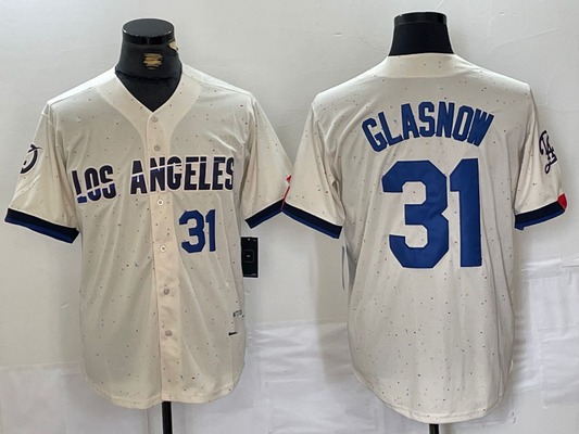Los Angeles Dodgers #31 Tyler Glasnow Number Cream Blue 2024 City Connect Limited Stitched Baseball Jersey - Main View