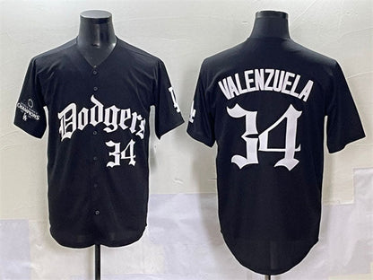 Los Angeles Dodgers #34 Fernando Valenzuela Black 2025 LA Gothic Style With 2024 World Series Champions Patch Vapor Premier Limited Stitched Baseball Jersey - Main View