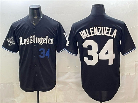 Los Angeles Dodgers #34 Fernando Valenzuela Black 2025 World Series Champions Patch 'Gothic Edition' Vapor Premier Limited Stitched Baseball Jersey - Main View