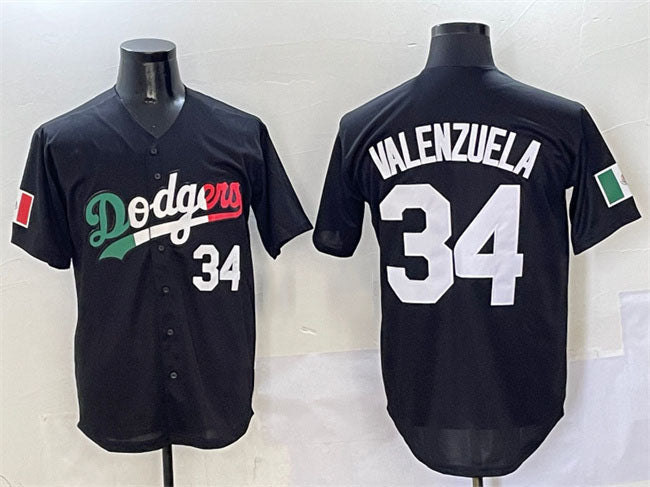 Los Angeles Dodgers #34 Fernando Valenzuela Black Mexico Flag Cool Base Stitched Baseball Jersey - Main View