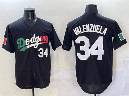 Los Angeles Dodgers #34 Fernando Valenzuela Black Mexico Flag Cool Base Stitched Baseball Jersey - Main View