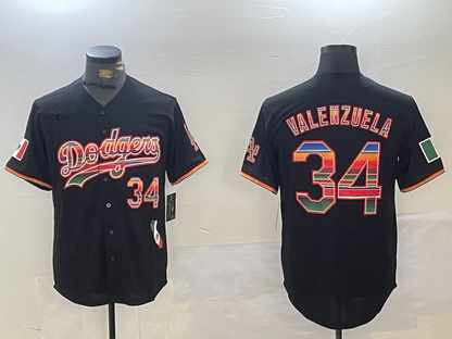 Los Angeles Dodgers #34 Fernando Valenzuela Black Rainbow Mexico Cool Base Stitched Fashion Baseball Jersey - Main View