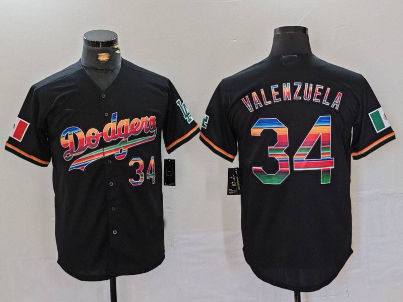Los Angeles Dodgers #34 Fernando Valenzuela Black Rainbow Mexico Cool Base Stitched Baseball Jersey - Main View