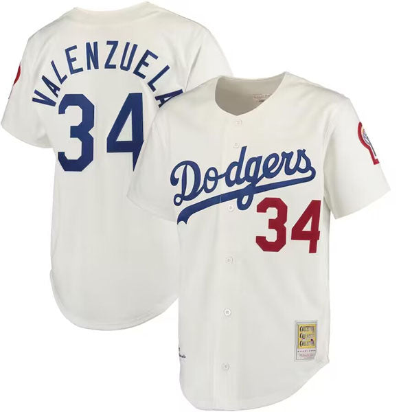 Los Angeles Dodgers #34 Fernando Valenzuela Cream Mitchell & Ness Stitched Baseball Jersey - Main View