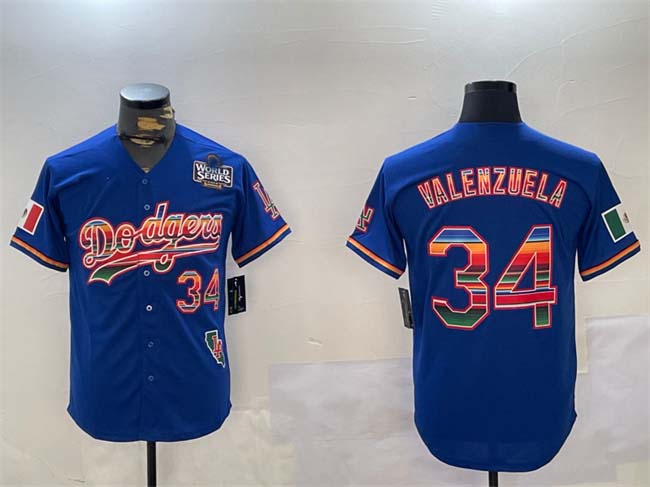 Los Angeles Dodgers #34 Fernando Valenzuela Royal 2024 World Series Mexico California Patch Cool Base Stitched Baseball Jersey - Main View