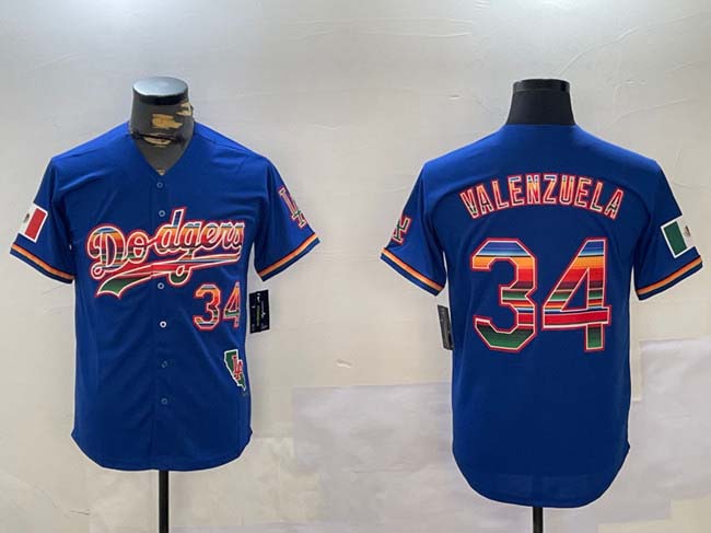 Los Angeles Dodgers #34 Fernando Valenzuela Royal Mexico California Patch Cool Base Stitched Baseball Jersey - Main View