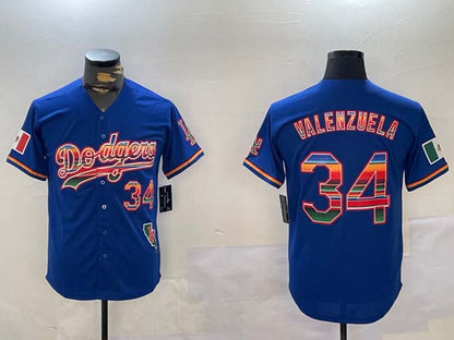 Los Angeles Dodgers #34 Fernando Valenzuela Royal Mexico California Patch Cool Base Stitched Baseball Jersey - Main View