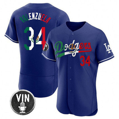 Los Angeles Dodgers #34 Fernando Valenzuela Royal Mexico Special Vin Scully Patch Flex Base Stitched Baseball Jersey - Main View