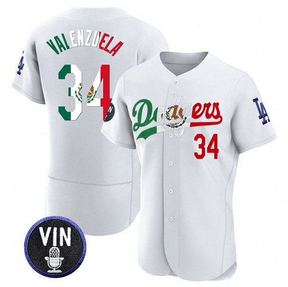 Los Angeles Dodgers #34 Fernando Valenzuela White Mexico Special Vin Scully Patch Flex Base Stitched Baseball Jersey - Main View