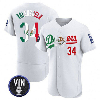 Los Angeles Dodgers #34 Fernando Valenzuela White Mexico Special Vin Scully Patch Flex Base Stitched Baseball Jersey - Main View