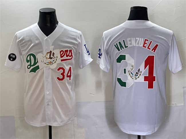 Los Angeles Dodgers #34 Fernando Valenzuela White Mexico Special Vin Scully Patch Stitched Baseball Jersey - Main View