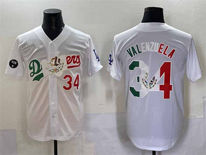 Los Angeles Dodgers #34 Fernando Valenzuela White Mexico Special Vin Scully Patch Stitched Baseball Jersey - Main View