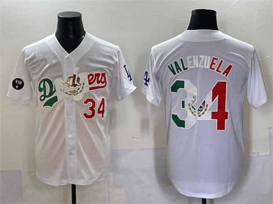 Los Angeles Dodgers #34 Fernando Valenzuela White Mexico Special Vin Scully Patch Stitched Baseball Jersey - Main View