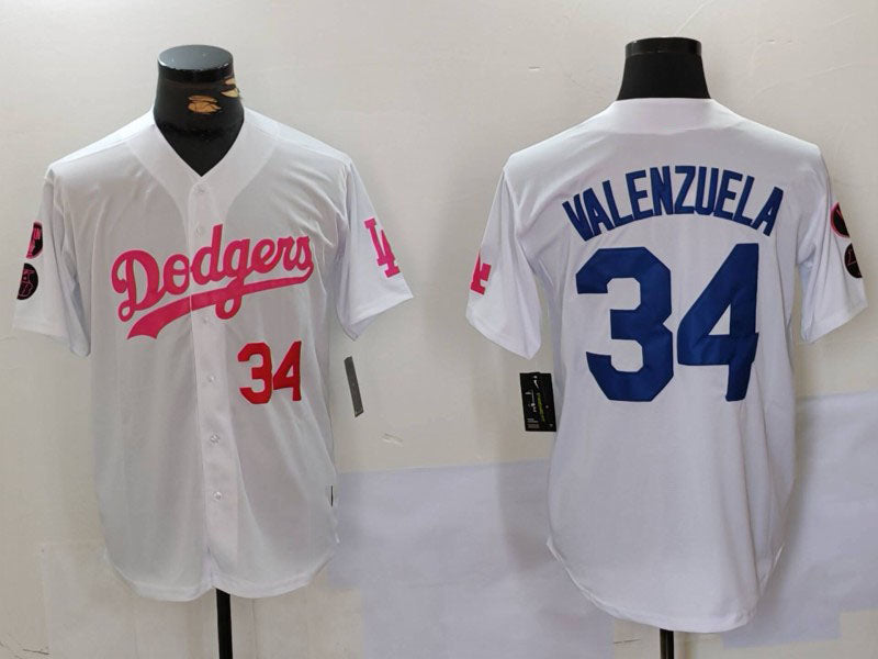 Los Angeles Dodgers #34 Fernando Valenzuela White Pink Vin & Kobe Patch Stitched Baseball Jersey - Main View