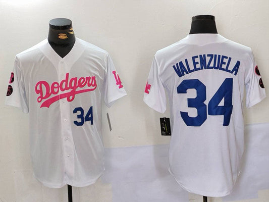 Los Angeles Dodgers #34 Fernando Valenzuela White Pink Vin & Kobe Patch Stitched Baseball Jersey - Main View