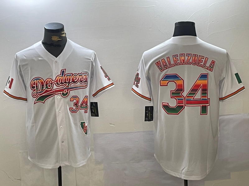 Los Angeles Dodgers #34 Fernando Valenzuela White Rainbow Mexico Cool Base Stitched Fashion Baseball Jersey - Main View