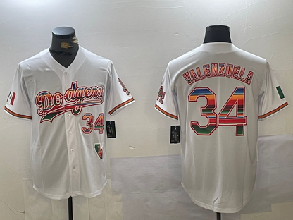 Los Angeles Dodgers #34 Fernando Valenzuela White Rainbow Mexico Cool Base Stitched Fashion Baseball Jersey - Main View