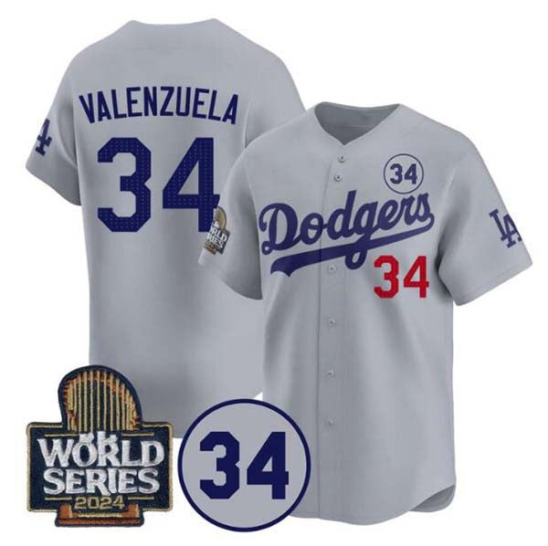 Los Angeles Dodgers #34 Toro Valenzuela Gray 2024 World Series With No. 34 Patch Limited Stitched Baseball Jersey - Main View