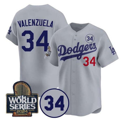 Los Angeles Dodgers #34 Toro Valenzuela Gray 2024 World Series With No. 34 Patch Limited Stitched Baseball Jersey - Main View