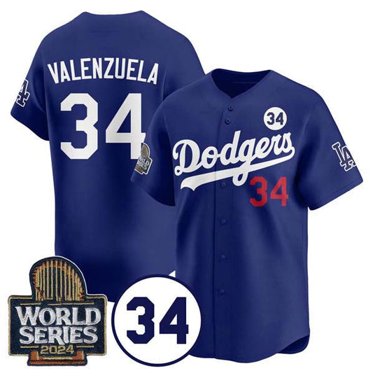 Los Angeles Dodgers #34 Toro Valenzuela Royal 2024 World Series With No. 34 Patch Cool Base Stitched Baseball Jersey - Main View