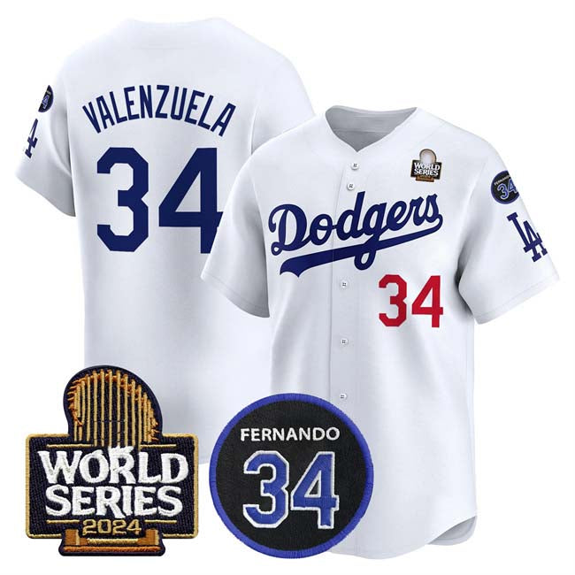 Los Angeles Dodgers #34 Toro Valenzuela White 2024 World Series With Fernando Memorial Patch Limited Stitched Baseball Jersey - Main View