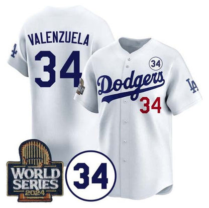 Los Angeles Dodgers #34 Toro Valenzuela White 2024 World Series With No. 34 Patch Limited Stitched Baseball Jersey - Main View