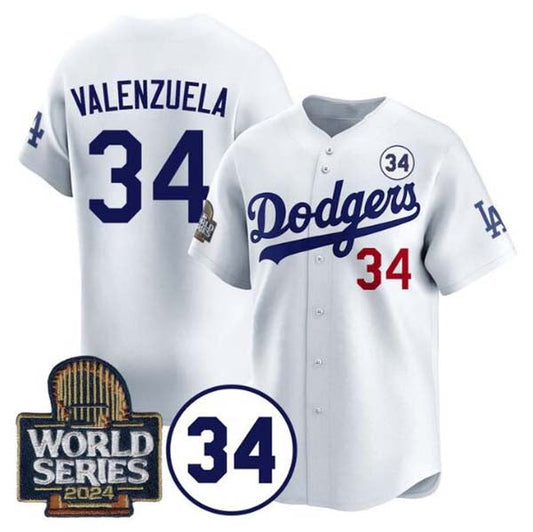Los Angeles Dodgers #34 Toro Valenzuela White 2024 World Series With No. 34 Patch Limited Stitched Baseball Jersey - Main View
