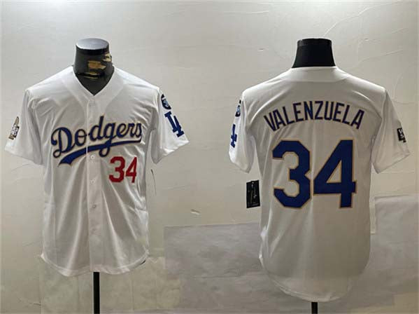 Los Angeles Dodgers #34 Toro Valenzuela White Gold 2024 World Series With Fernando Memorial Patch Home Limited Stitched Baseball Jersey - Main View