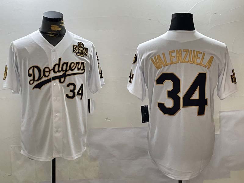 Los Angeles Dodgers #34 Toro Valenzuela White Gold 2024 World Series With Fernando Memorial Patch Limited Stitched Baseball Jersey - Main View